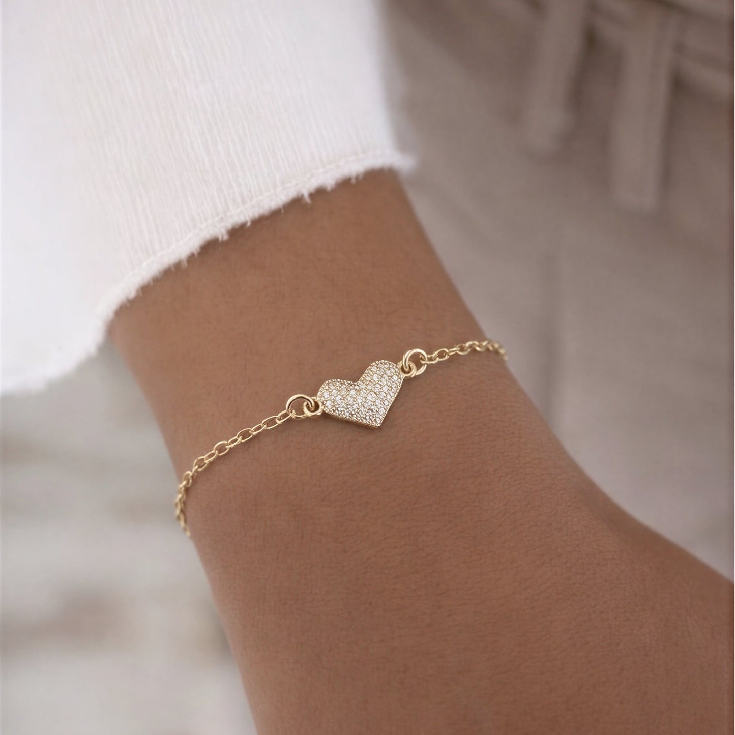 Pulsera eslabón delgada - Corazón con circón - 18 cm