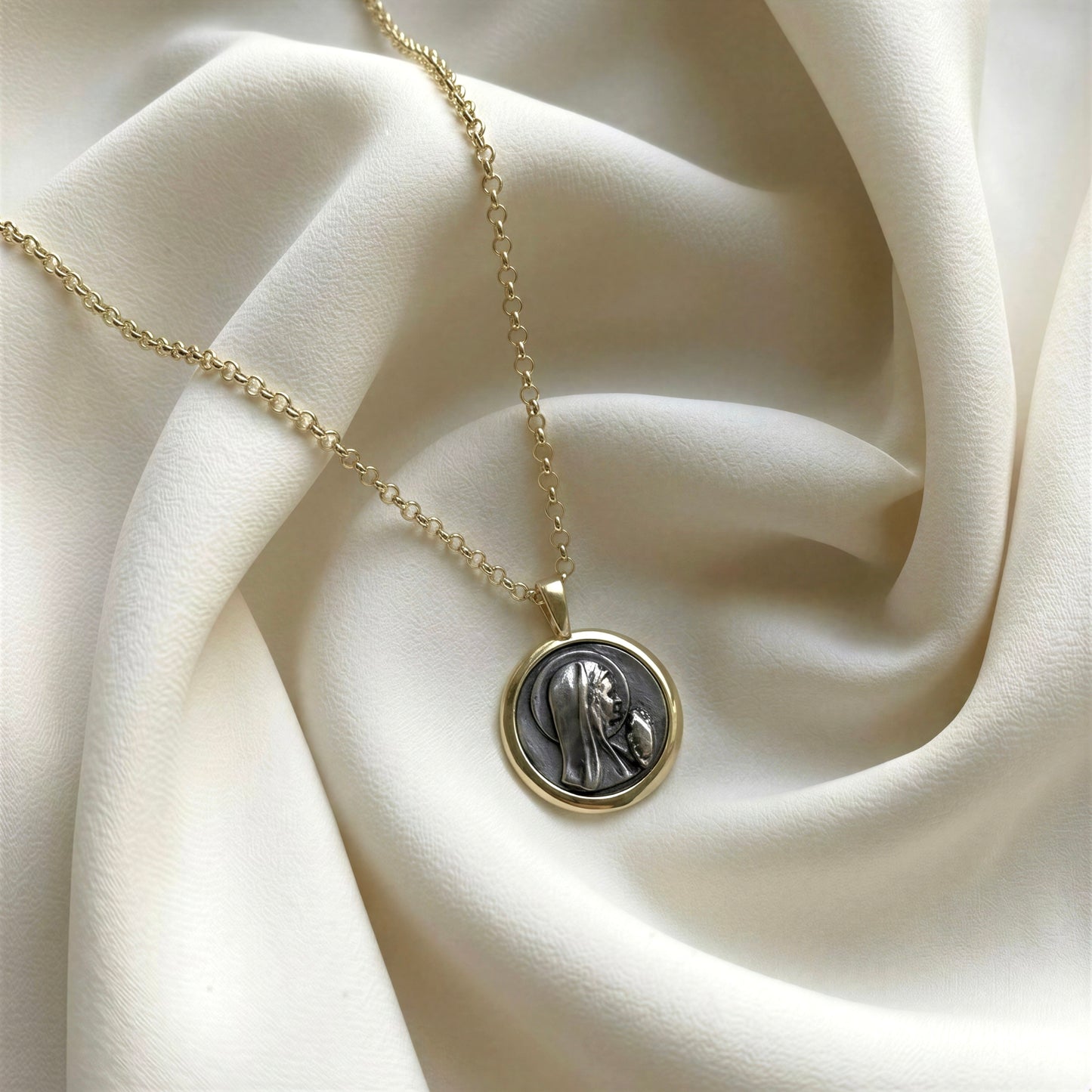 Collar virgen niña grande - Plata envejecida - 45 cm