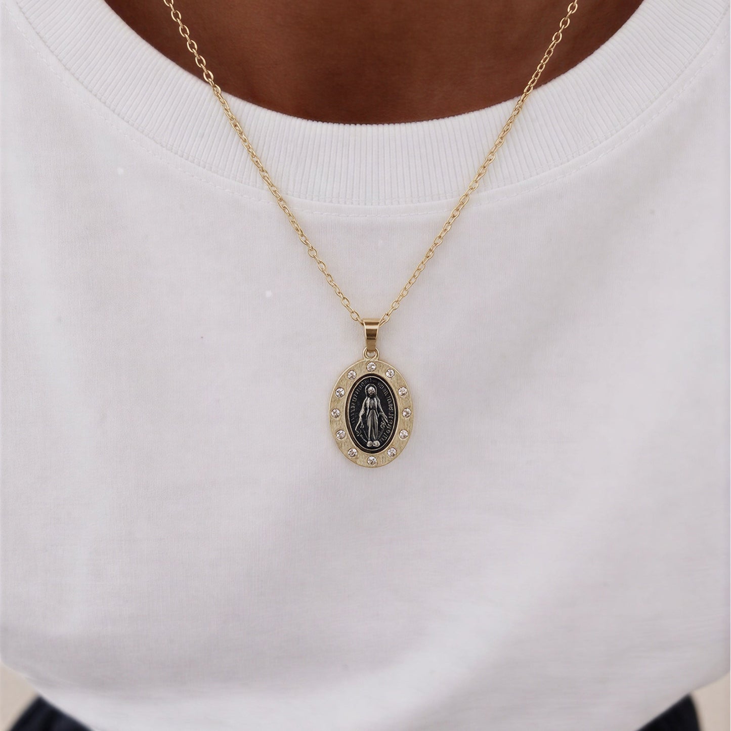 Collar virgen de los rayos con circón - Plata envejecida - 45 cm