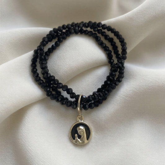 Pulsera elasticada - Cristal facetado negro - Virgén