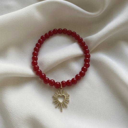 Pulsera elasticada - Corazón Circón - Piedra natural: Jade rojo
