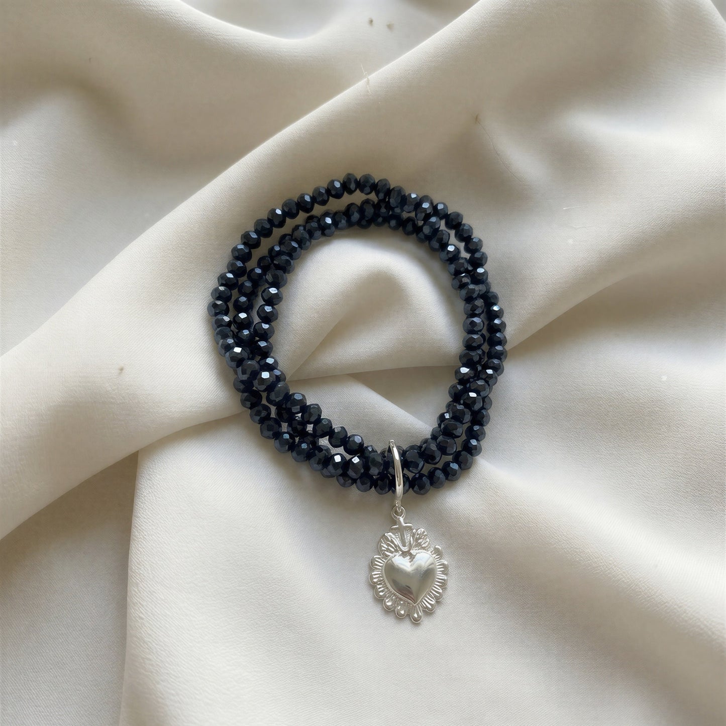 Pulsera elasticada - Cristal facetado azul - Corazón detente
