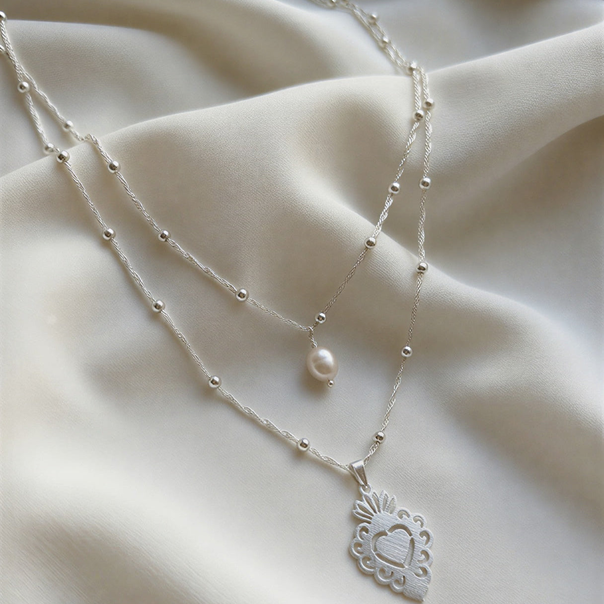 Collar doble - Piedra natural: Perla de rio - 40 cm