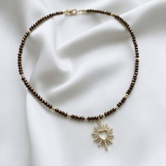 Choker micro cristal café - Corazón circón - 38 cm