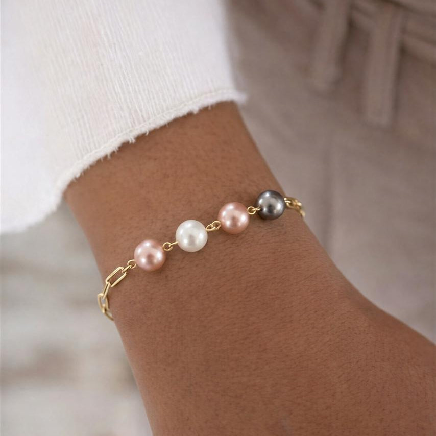 Pulsera de eslabón - Broche Timón - Piedra natural: Perla shell - 19 cm