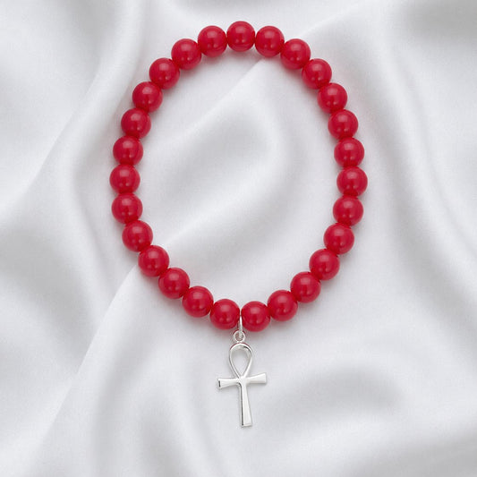 Pulsera elasticada - Cruz Egipcia - Piedra natural: Jade rojo 8 mm