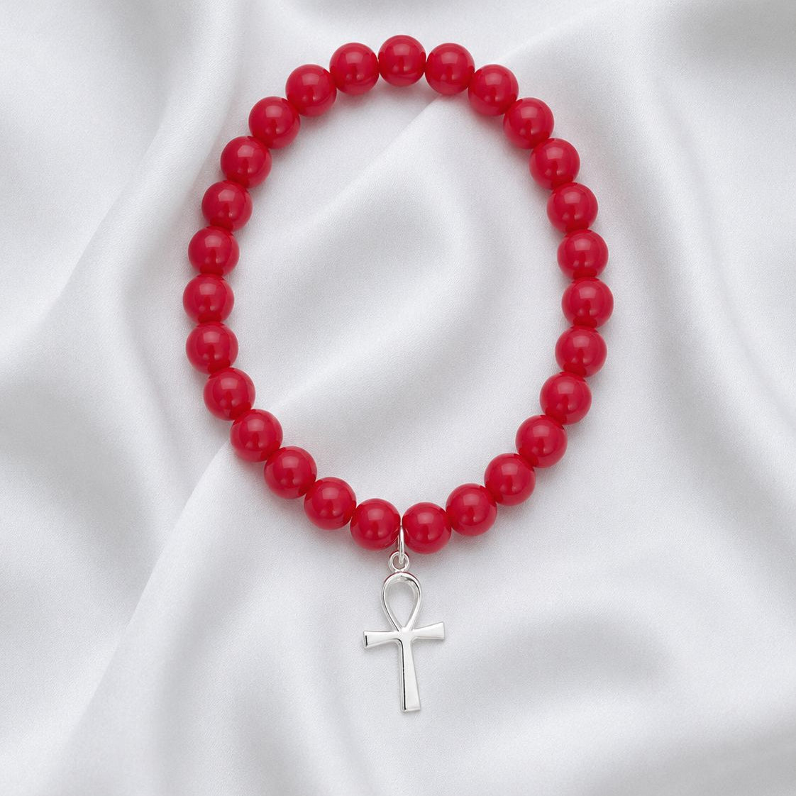 Pulsera elasticada - Cruz Egipcia - Piedra natural: Jade rojo 8 mm