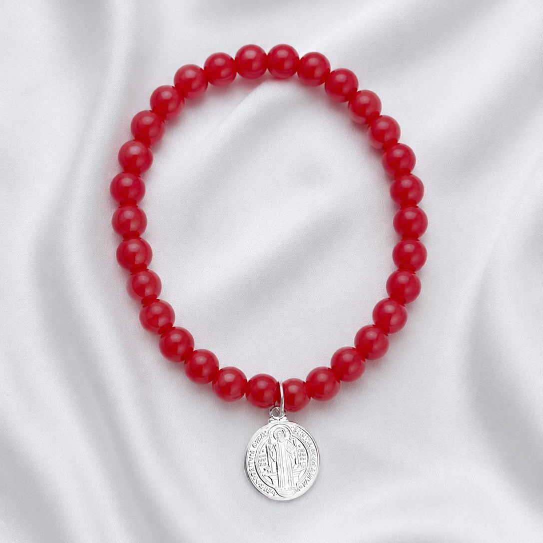 Pulsera elasticada - San Benito - Piedra natural: Jade rojo 8 mm