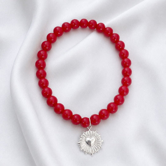 Pulsera elasticada - Corazón - Piedra natural: Jade rojo 8 mm