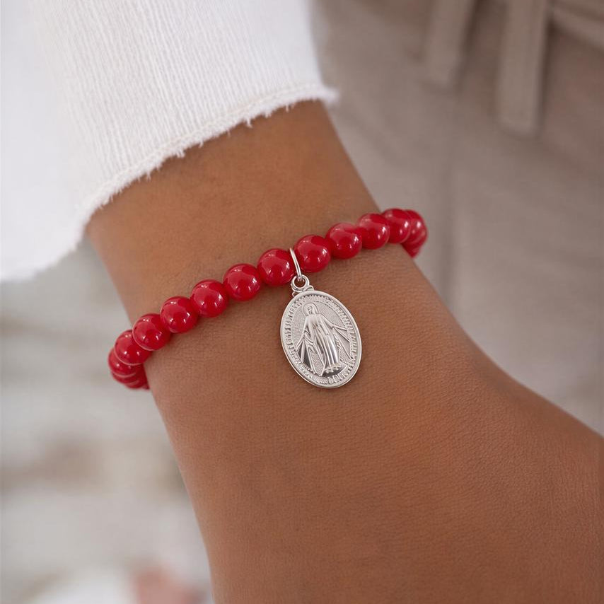 Pulsera elasticada - Virgen de los rayos - Piedra natural: Jade rojo 6 mm