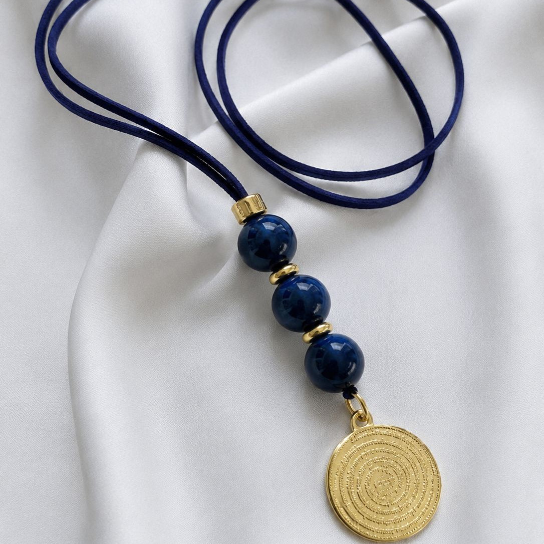 Collar Gamuza azul con nudo - Padre nuestro - 45 cm