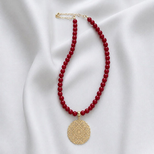 Collar con mandala - Piedra naturales: Jade rojo 8 mm - 50 cm