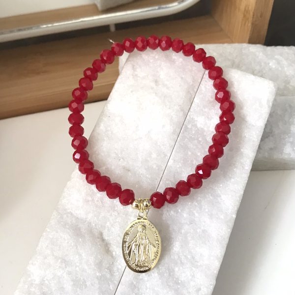 Pulsera Elasticada Cristal Facetado Mm Rojo Con Medalla Virgen De