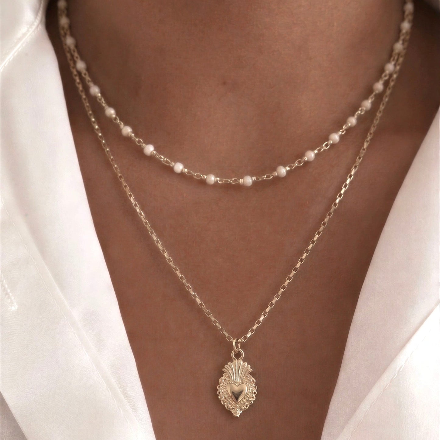 Collar doble entorchado - Piedra natural: Madre perla - 36 cm
