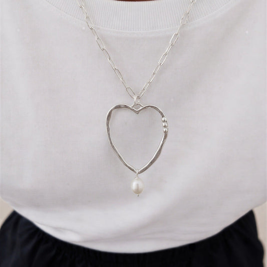 Collar eslabón corazón - Piedra natural: perla de rio - 46 cm