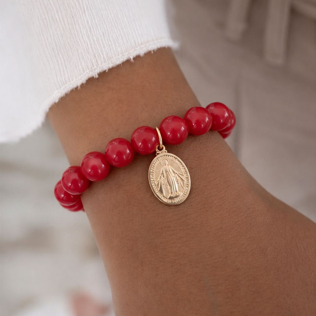 Pulsera elasticada - Virgen de los Rayos - Piedra natural: Jade rojo 8 mm