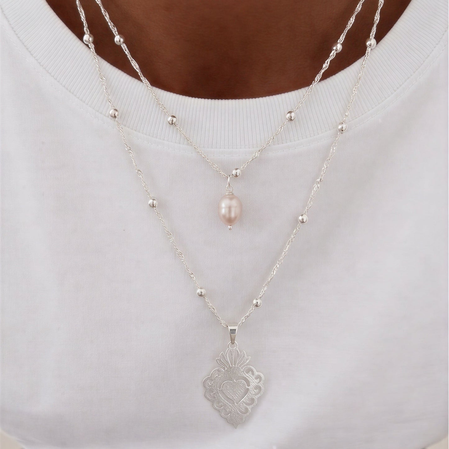Collar doble - Piedra natural: Perla de rio - 40 cm