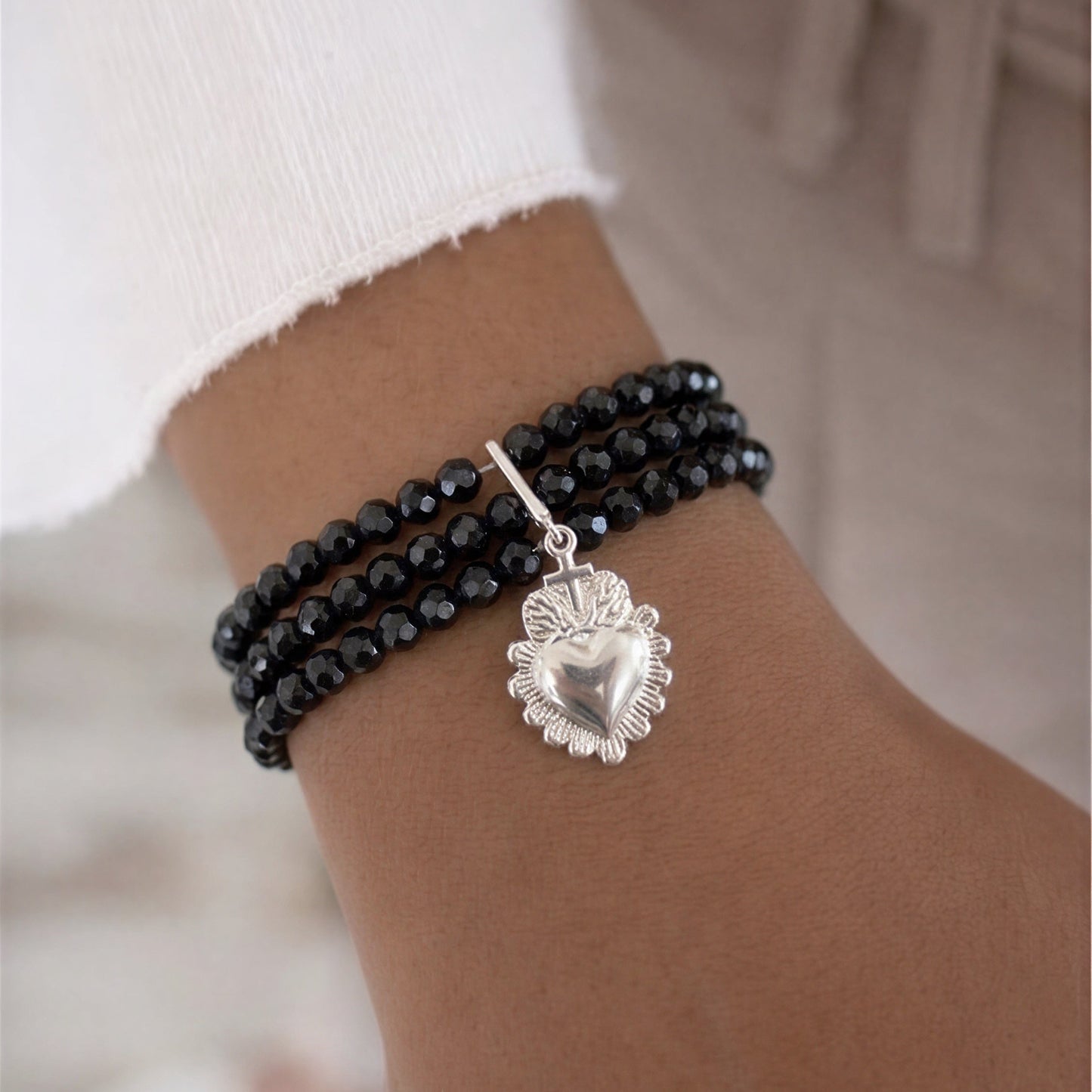 Pulsera elasticada - Cristal facetado azul - Corazón detente