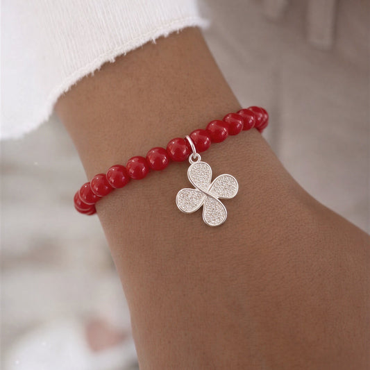 Pulsera elasticada - Flor circón-  Piedra natural: jade rojo