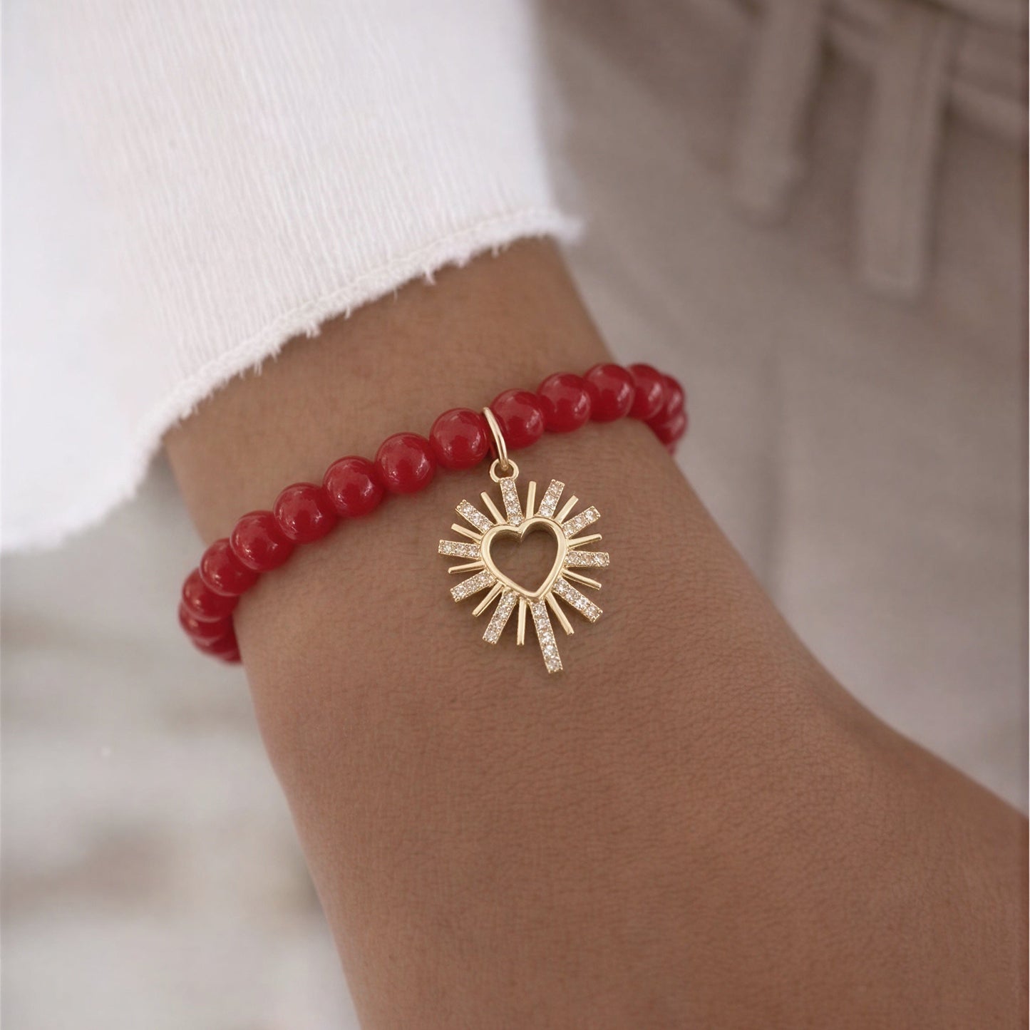 Pulsera elasticada - Corazón Circón - Piedra natural: Jade rojo