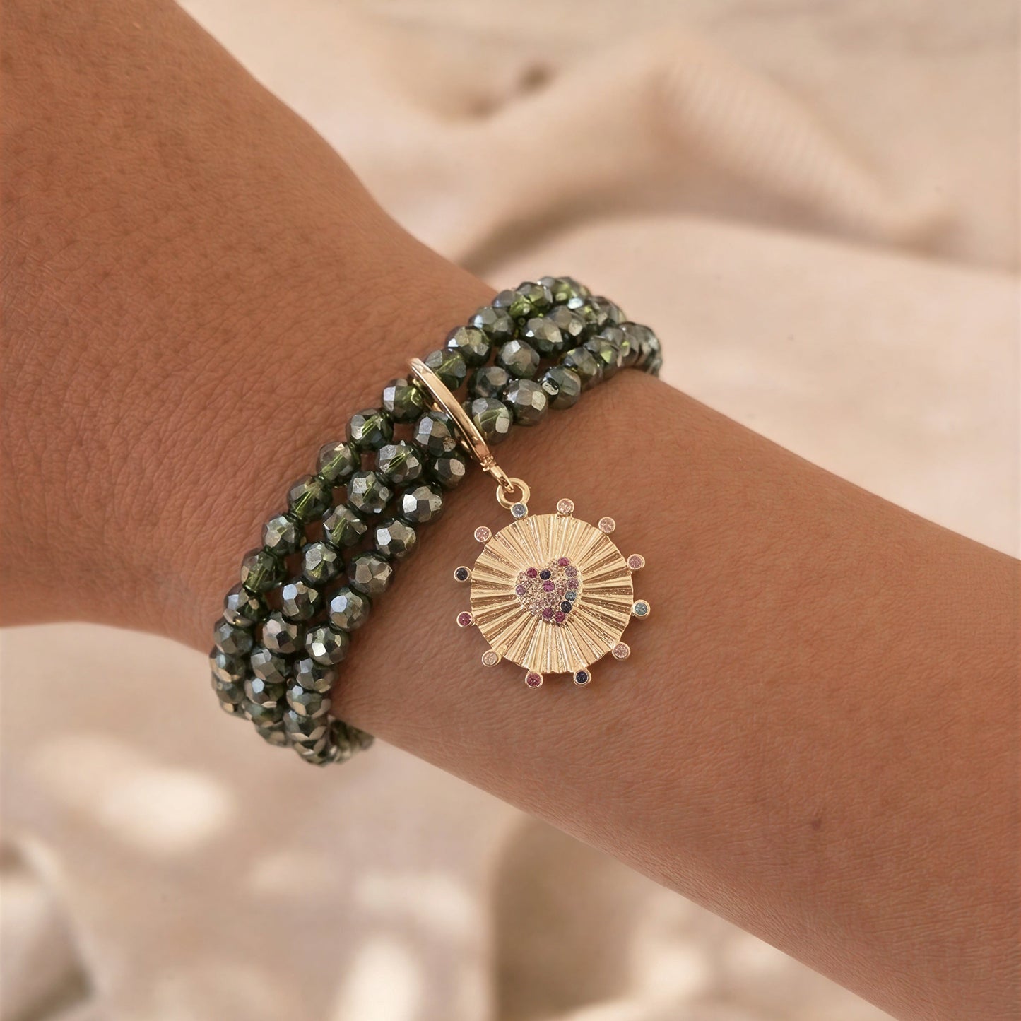 Pulsera elasticada - Cristal facetado verde - Corazón