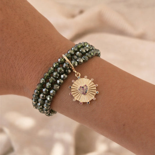 Pulsera elasticada - Cristal facetado verde - Corazón