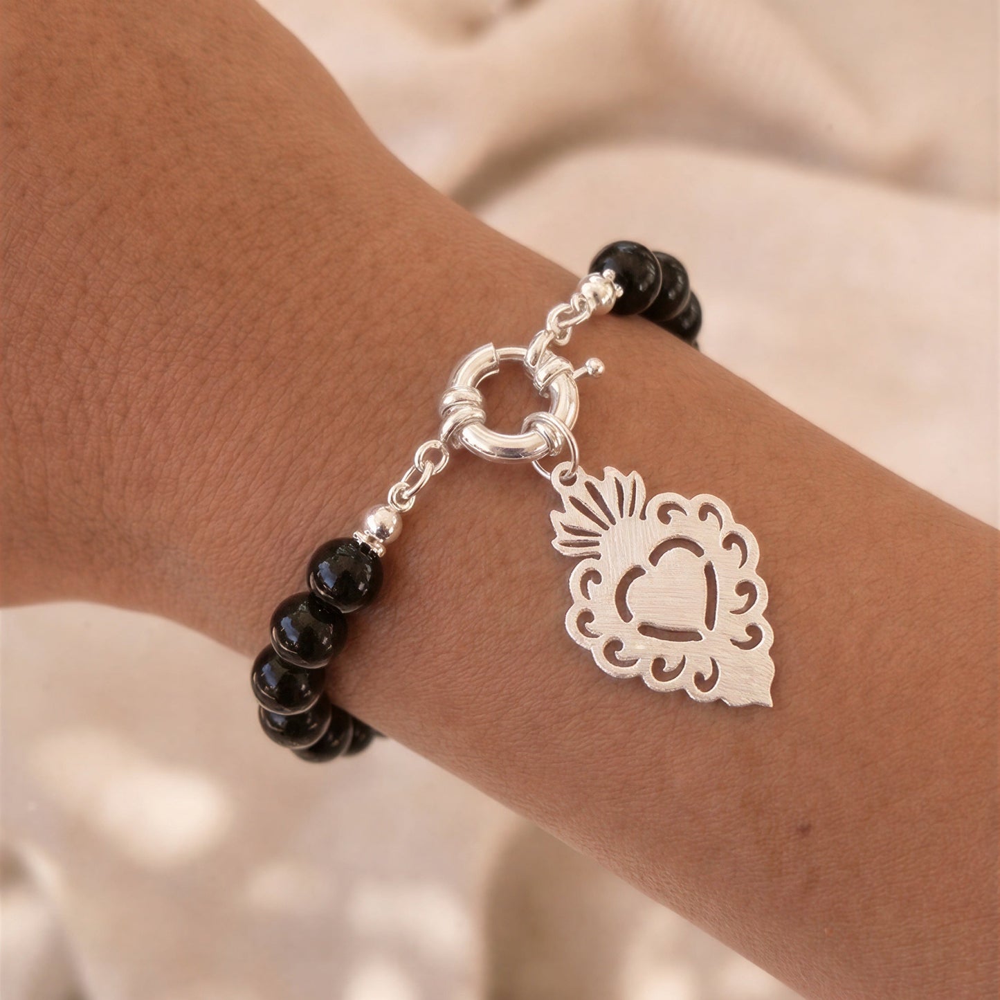 Pulsera con broche timón - Piedra natural: ónix negro - 20 cm