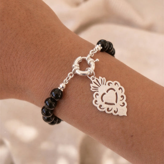Pulsera con broche timón - Piedra natural: ónix negro - 20 cm