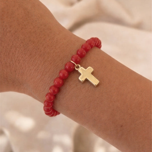 Pulsera elasticada con cruz - Piedra natural: Jade rojo 6 mm