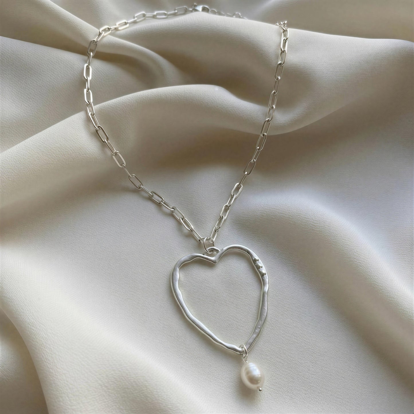 Collar eslabón corazón - Piedra natural: perla de rio - 46 cm