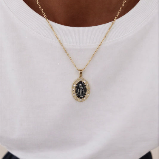 Collar virgen de los rayos con circón -  Plata envejecida - 45 cm