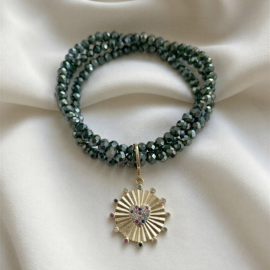 Pulsera elasticada - Cristal facetado verde - Corazón