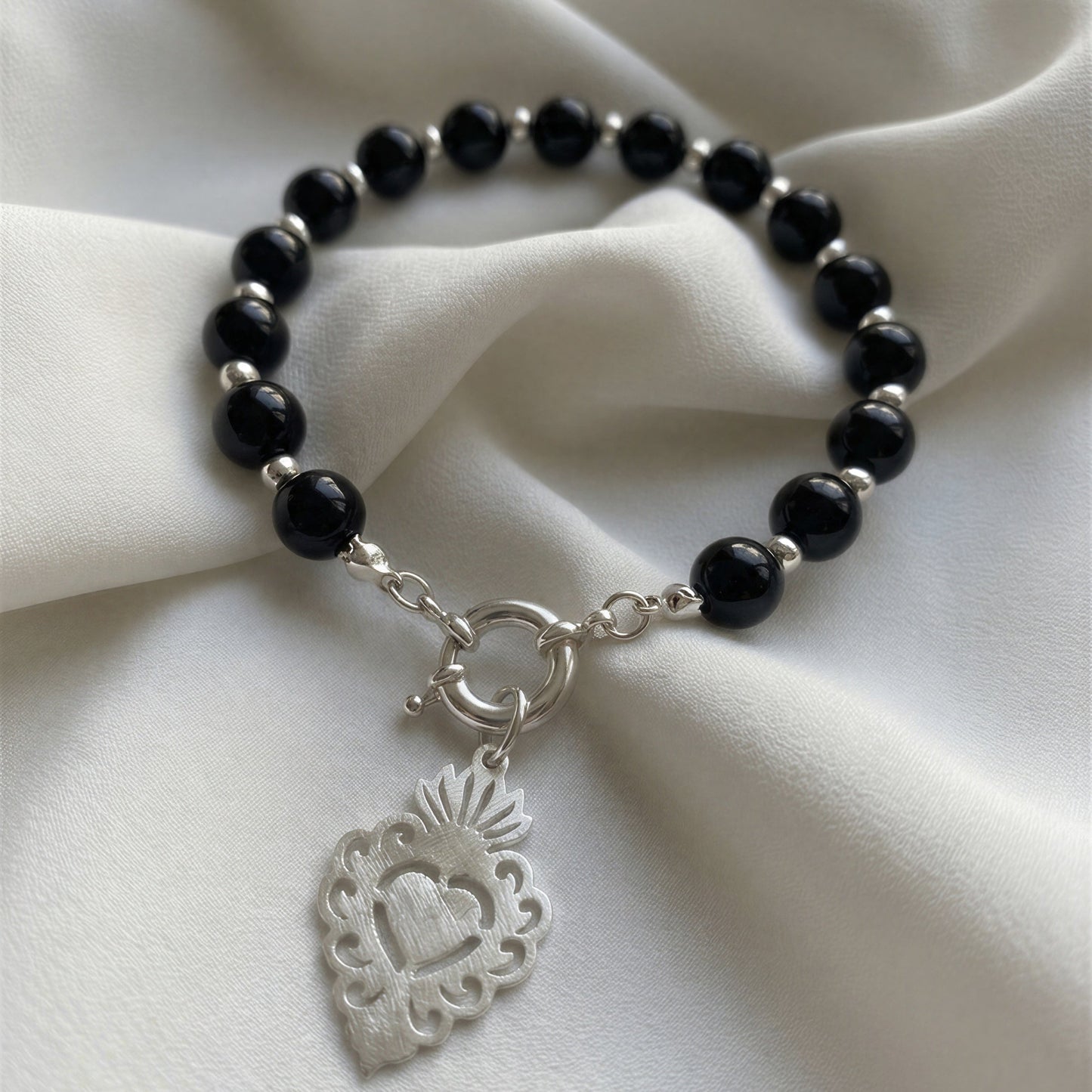 Pulsera con broche timón - Piedra natural: ónix negro - 20 cm