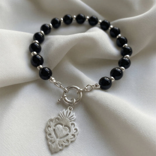 Pulsera con broche timón - Piedra natural: ónix negro - 20 cm