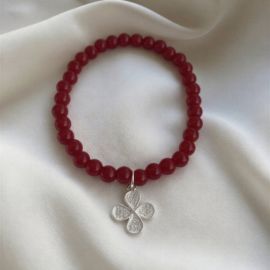 Pulsera elasticada - Flor circón-  Piedra natural: jade rojo