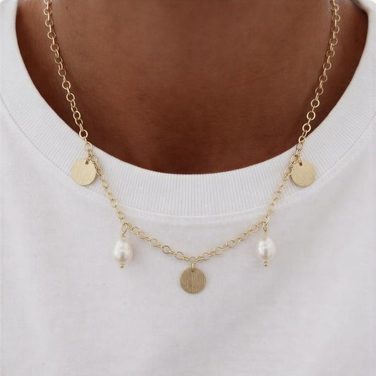 Collar moneditas - Piedras naturales: Perla de rio - 43 cm