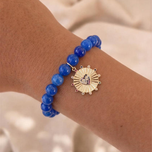Pulsera elasticada - Corazón circón - Piedra natural: Jade Azul