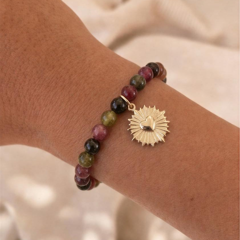 Pulsera elasticada - Corazón - Piedra natural: Jade Turmalina