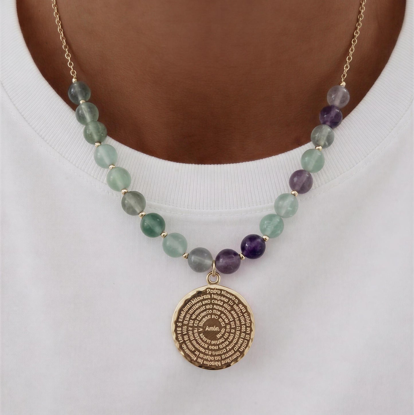 Collar Padre nuestro - Piedras naturales: Fluorita 43 cm más alargue