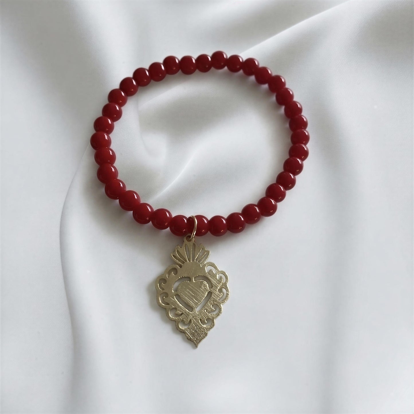 Pulsera elasticada - Corazón Detente - Piedra natural: Jade rojo
