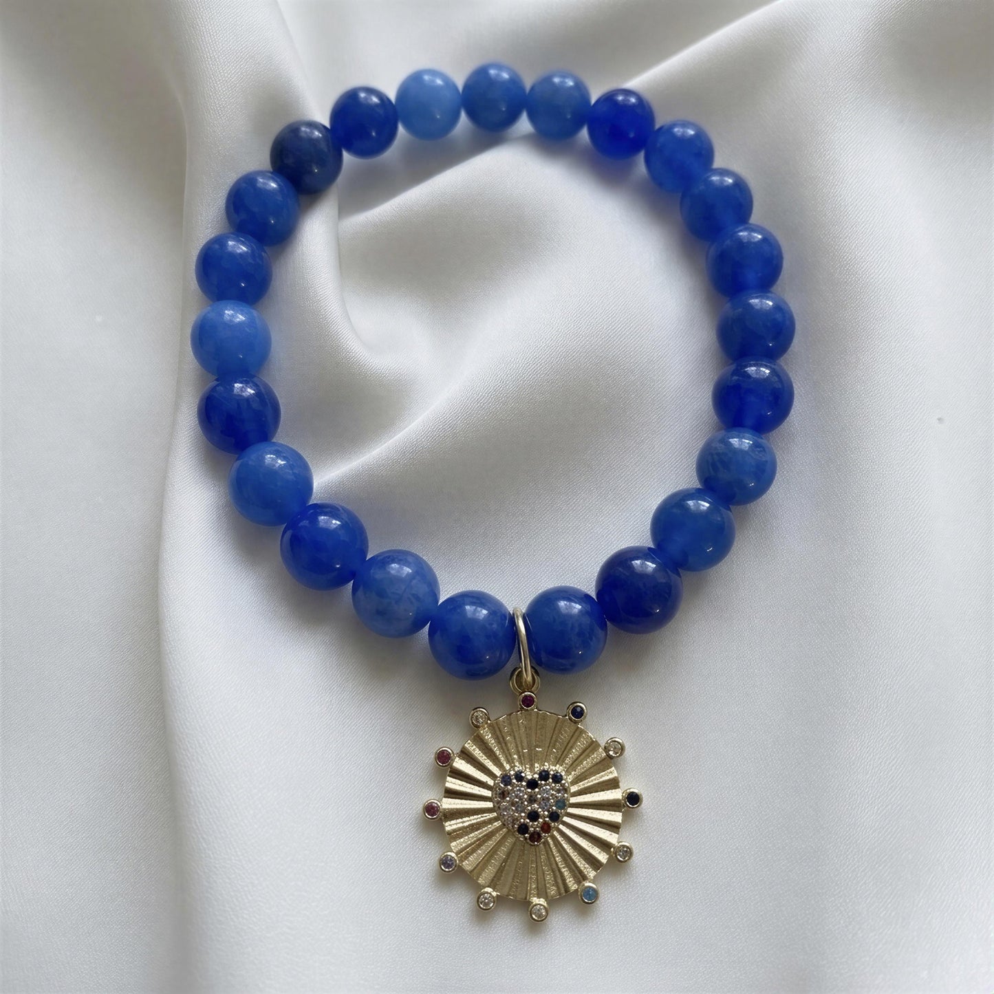 Pulsera elasticada - Corazón circón - Piedra natural: Jade Azul