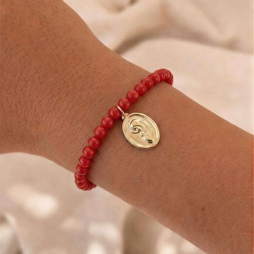 Pulsera elasticada - Virgen niña - Piedra natural: Jade rojo 6mm
