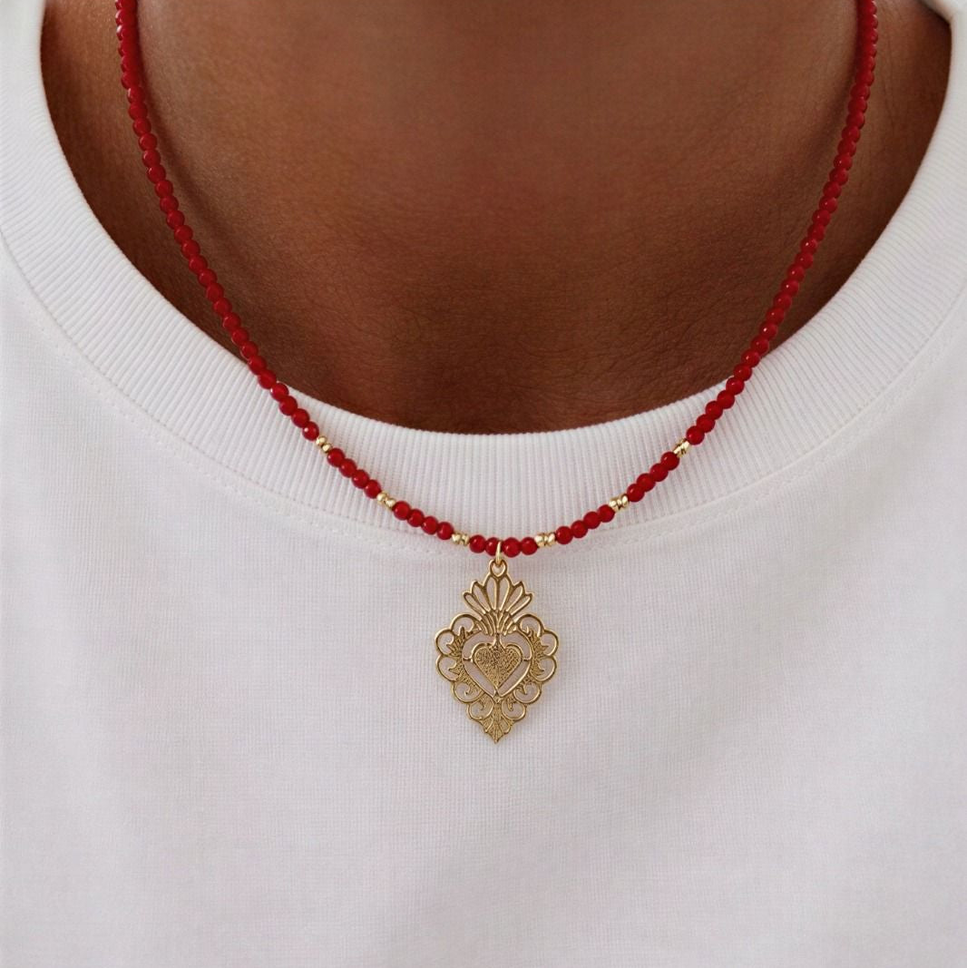 Choker micro cristal rojo - Corazón detente - 38 cm