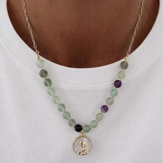 Collar Virgen niña nácar - Piedras naturales: Fluorita 43 cm más alargue