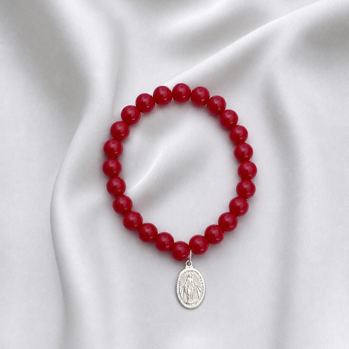 Pulsera elasticada - Virgen de los Rayos - Piedra natural: Jade rojo 8 mm