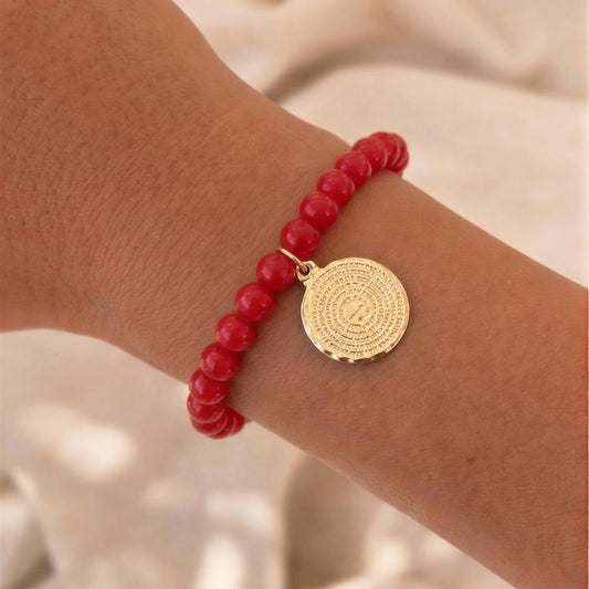 Pulsera elasticada - Padre Nuestro- Piedra natural: Jade rojo 6 mm