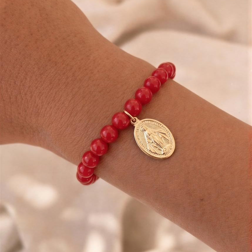 Pulsera elasticada - Virgen de los Rayos - Piedra natural: Jade rojo 6 mm