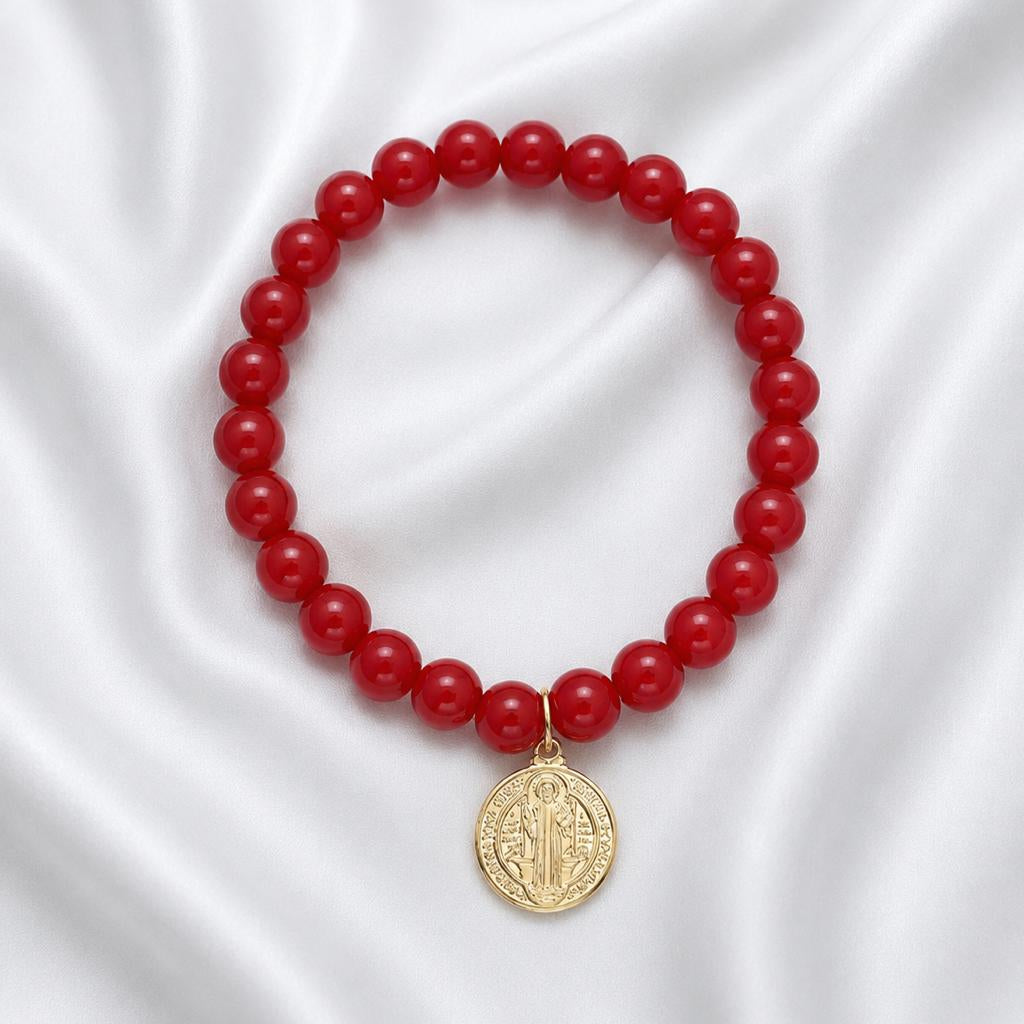 Pulsera elasticada - San Benito - Piedra natural: Jade rojo 8 mm
