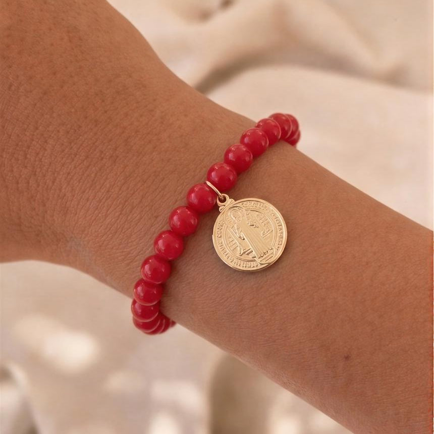 Pulsera elasticada - San Benito - Piedra natural: Jade rojo 6 mm