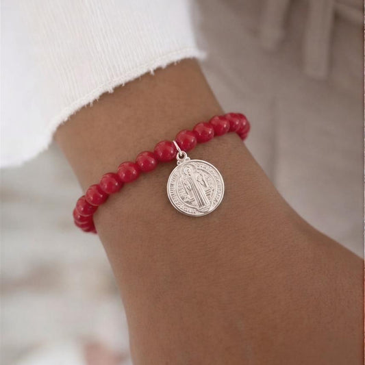 Pulsera elasticada - San Benito - Piedra natural: Jade rojo 6 mm